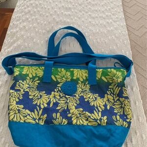 Kipling Blue Tote with Yellow Floral Print